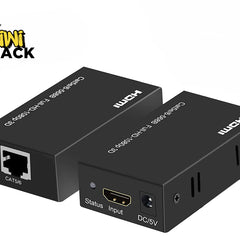 A pair of black HDMI extender adapter boxes featuring an RJ45 Ethernet port on one unit and an HDMI input port with a DC/5V power jack on the other, set against a white background. A "Kiwi Shack" logo appears in the top-left corner.