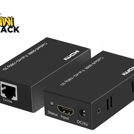 A pair of black HDMI extender adapter boxes featuring an RJ45 Ethernet port on one unit and an HDMI input port with a DC/5V power jack on the other, set against a white background. A "Kiwi Shack" logo appears in the top-left corner.
