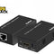 A pair of black HDMI extender adapter boxes featuring an RJ45 Ethernet port on one unit and an HDMI input port with a DC/5V power jack on the other, set against a white background. A "Kiwi Shack" logo appears in the top-left corner.