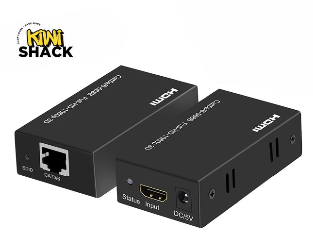 A pair of black HDMI extender adapter boxes featuring an RJ45 Ethernet port on one unit and an HDMI input port with a DC/5V power jack on the other, set against a white background. A "Kiwi Shack" logo appears in the top-left corner.