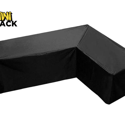 A black L-shaped outdoor furniture cover on a white background, with the Kiwi Shack logo in the top-left corner.