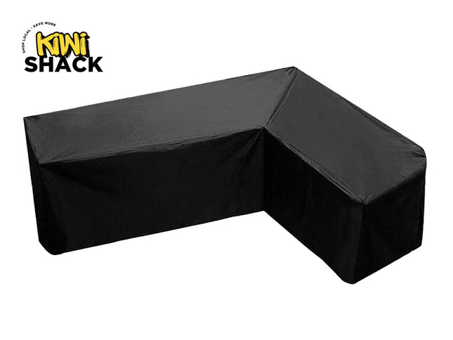 A black L-shaped outdoor furniture cover on a white background, with the Kiwi Shack logo in the top-left corner.