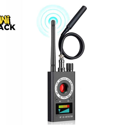 A black handheld RF and GS signal detector device equipped with dual antennas, a central red viewfinder lens surrounded by calibration markings, and a digital signal strength meter screen, featuring a "Kiwi Shack" logo in the top left corner.