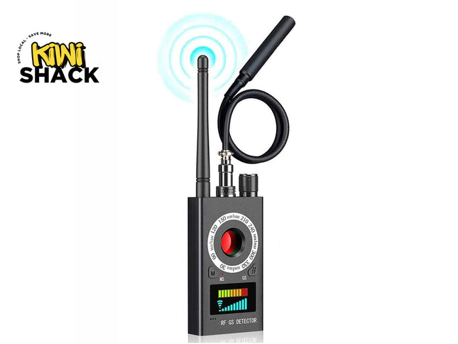 A black handheld RF and GS signal detector device equipped with dual antennas, a central red viewfinder lens surrounded by calibration markings, and a digital signal strength meter screen, featuring a "Kiwi Shack" logo in the top left corner.