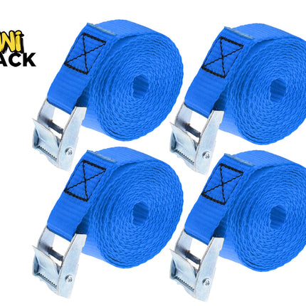 Set of four rolled blue heavy-duty tie-down cam buckle straps featuring reinforced box-X stitching on the webbing loops, metal cam buckles, and the Kiwi Shack logo watermark.