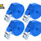 Set of four rolled blue heavy-duty tie-down cam buckle straps featuring reinforced box-X stitching on the webbing loops, metal cam buckles, and the Kiwi Shack logo watermark.