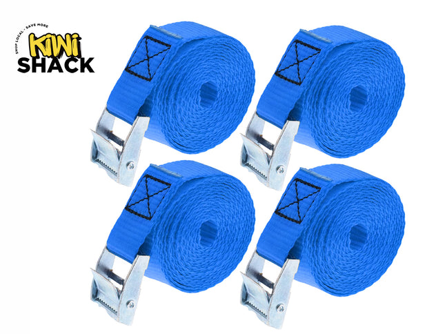 Set of four rolled blue heavy-duty tie-down cam buckle straps featuring reinforced box-X stitching on the webbing loops, metal cam buckles, and the Kiwi Shack logo watermark.