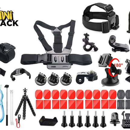 A comprehensive action camera accessory kit featuring a chest harness, head strap, floating hand grip, flexible mini tripod, suction cup mount, flat and curved adhesive mounts with adhesive pads, mounting buckles, thumb screws, and a storage bag against a white background, featuring the "Kiwi Shack" logo in the upper left corner.