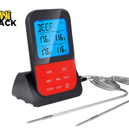 A digital dual-probe meat thermometer with a blue backlit display showing "BEEF" and temperature readings, featuring a red control panel with buttons below the screen, connected to two stainless steel probes with braided cords, with the "Kiwi Shack" logo in the top left corner.