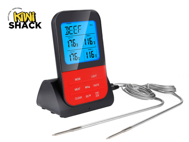 A digital dual-probe meat thermometer with a blue backlit display showing "BEEF" and temperature readings, featuring a red control panel with buttons below the screen, connected to two stainless steel probes with braided cords, with the "Kiwi Shack" logo in the top left corner.
