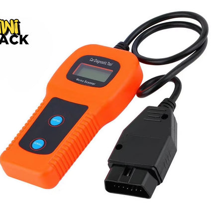 An orange and black automotive OBD2 car diagnostic memo scanner tool with an LCD screen and connector cable, featuring the "Kiwi Shack" logo in the top-left corner.