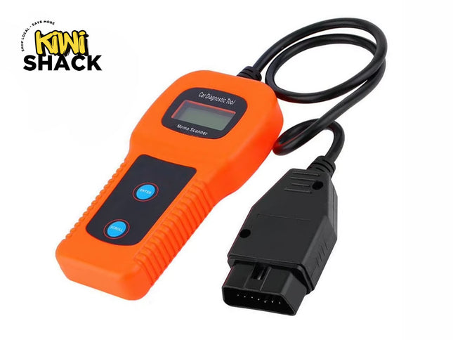 An orange and black automotive OBD2 car diagnostic memo scanner tool with an LCD screen and connector cable, featuring the "Kiwi Shack" logo in the top-left corner.