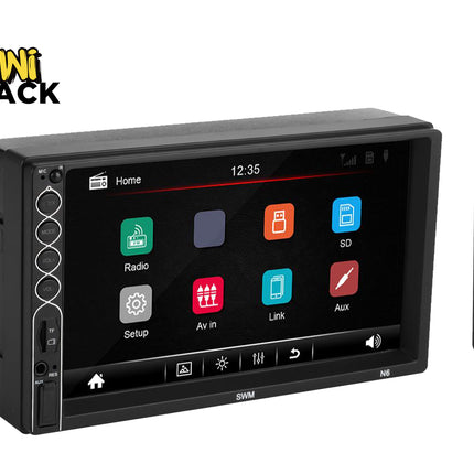 Car multimedia system with touchscreen display and remote control on a white background, featuring the Kiwi Shack brand.