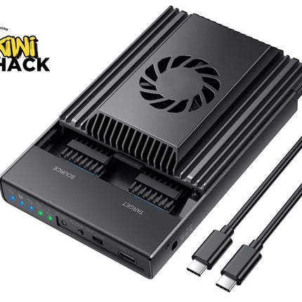 Black electronic device with cooling fan and cables on a white background, featuring the Kiwi Shack logo.
