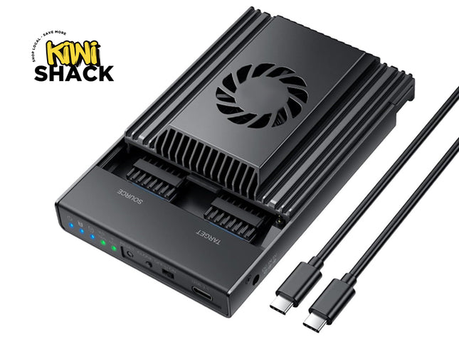 Black electronic device with cooling fan and cables on a white background, featuring the Kiwi Shack logo.