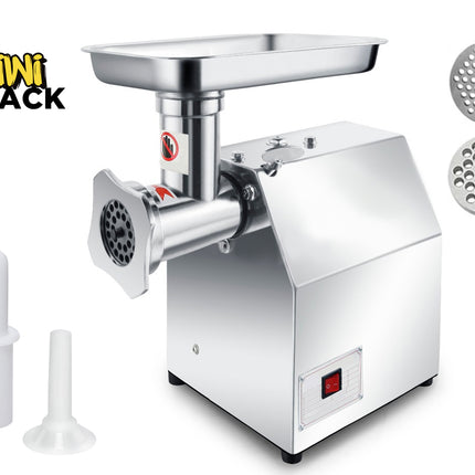 Stainless steel meat grinder with attachments on a white background, featuring the Kiwi Shack brand.