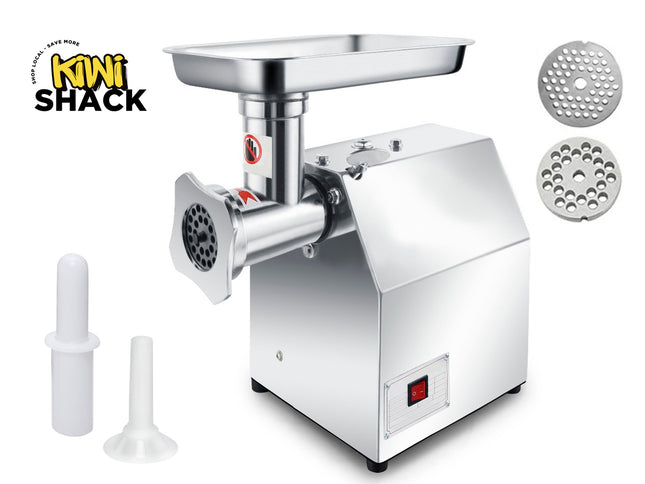 Stainless steel meat grinder with attachments on a white background, featuring the Kiwi Shack brand.
