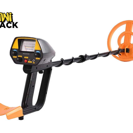 Metal detector with orange coil and foot switch on a white background, branded 'Kiwi Shack'.