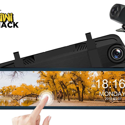 Car dashboard camera with touch screen display showing a scenic view, brand 'Kiwi Shack' visible.