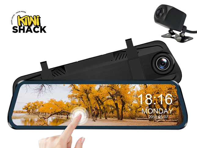 Car dashboard camera with touch screen display showing a scenic view, brand 'Kiwi Shack' visible.