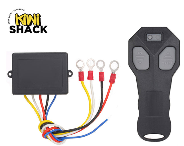 A wireless winch remote control kit with a receiver box, colored wiring harness, ring terminals, and a handheld transmitter, featuring the "Kiwi Shack" logo in the top-left corner.