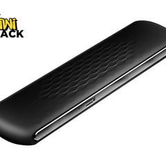 A sleek, matte black wireless presentation clicker or presenter remote with a textured wave pattern and a silver side-mounted charging port, set against a white background. A "Kiwi Shack" logo appears in the top-left corner.