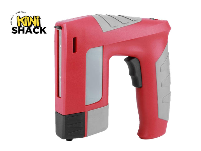 A red and gray Kiwi Shack cordless nail gun with a black trigger and base, shown on a white background with the Kiwi Shack logo in the top-left corner.