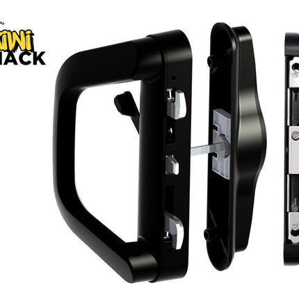 A set of black sliding patio door hardware including an exterior handle assembly with multiple locking hooks, an interior backplate, and a matching strike plate, set against a white background with the "Kiwi Shack" logo in the top left corner.