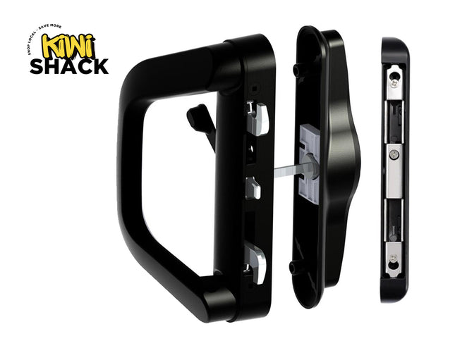 A set of black sliding patio door hardware including an exterior handle assembly with multiple locking hooks, an interior backplate, and a matching strike plate, set against a white background with the "Kiwi Shack" logo in the top left corner.