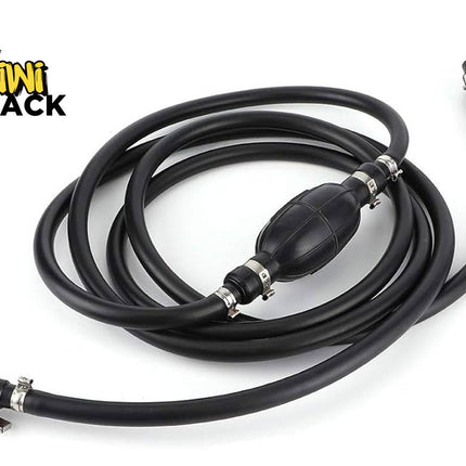 A black rubber hose assembly with metal clamps and a black bulb pump, coiled on a white background with the Kiwi Shack logo in the top left corner.