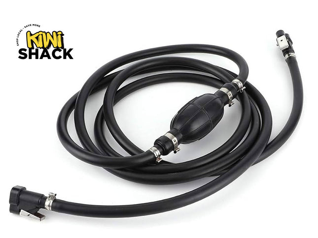 A black rubber hose assembly with metal clamps and a black bulb pump, coiled on a white background with the Kiwi Shack logo in the top left corner.