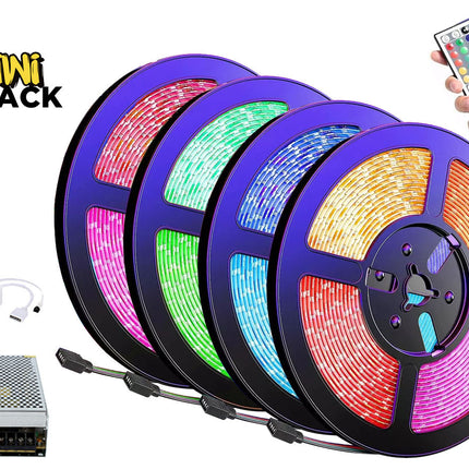 LED strip lights with remote control and power adapter on a white background, featuring the Kini Shack brand.