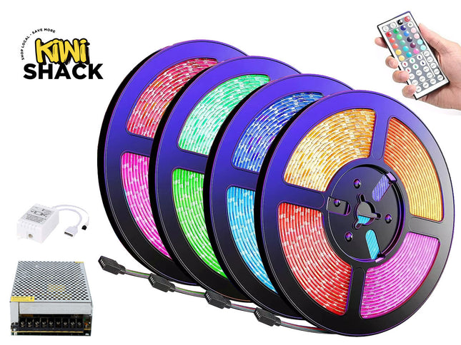 LED strip lights with remote control and power adapter on a white background, featuring the Kini Shack brand.