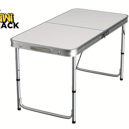 Foldable camping table with metallic finish on a white background, featuring the Kiwi Shack logo.