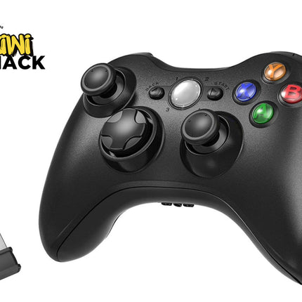 Black wireless gamepad controller with colorful action buttons (Y, X, B, A), dual analog sticks, directional pad, Back/Start buttons, and a separate USB wireless receiver dongle, branded with the "Kiwi Shack" logo in the top-left corner.