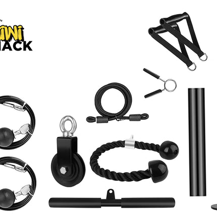 A complete home gym cable workout kit by Kiwi Shack, featuring black steel cables, pulleys, a rope attachment, a resistance band, a pull-up bar, and a cable handle, arranged on a clean white background.