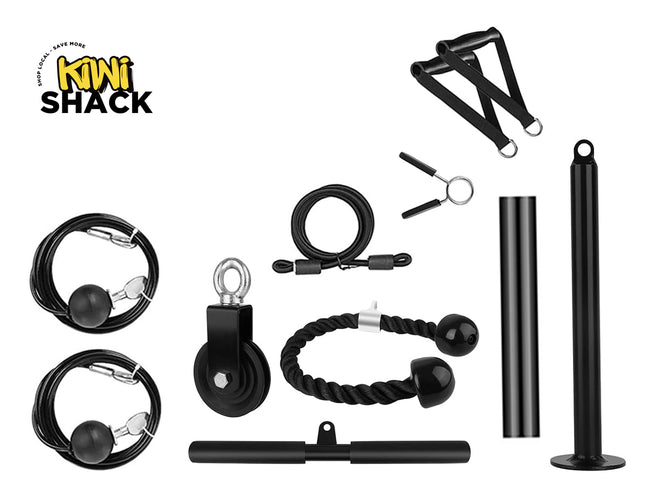 A complete home gym cable workout kit by Kiwi Shack, featuring black steel cables, pulleys, a rope attachment, a resistance band, a pull-up bar, and a cable handle, arranged on a clean white background.