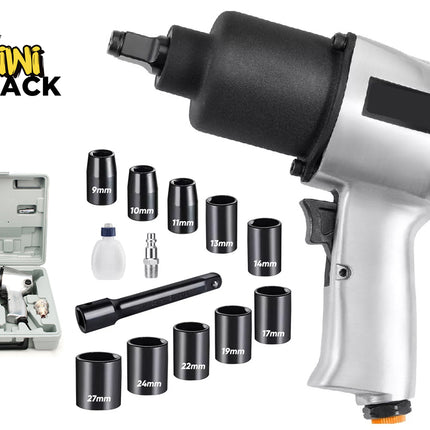 Kiwi Shack pneumatic air impact wrench tool set with multiple metric sockets, extension bar, oil bottle, and storage case.