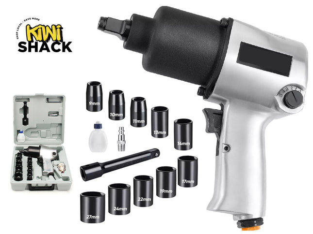Kiwi Shack pneumatic air impact wrench tool set with multiple metric sockets, extension bar, oil bottle, and storage case.