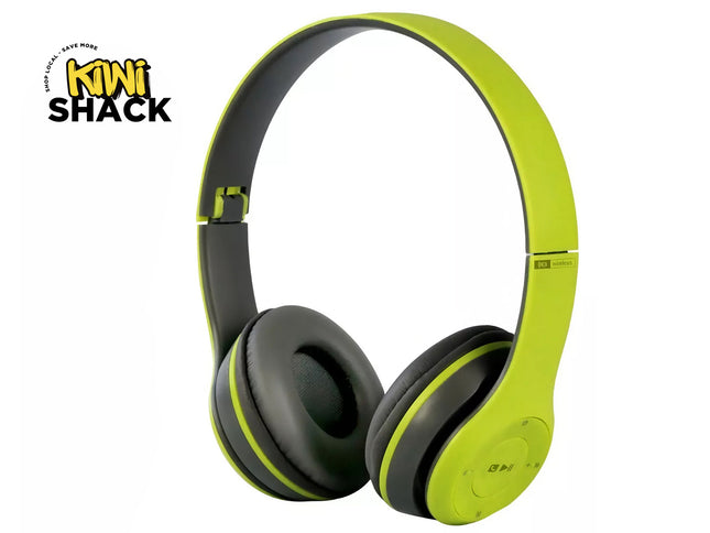 Green and black headphones with 'Kiwi Shack' logo on a white background