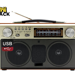 Vintage-style radio with USB port on a white background, featuring the Kiwi Shack logo.