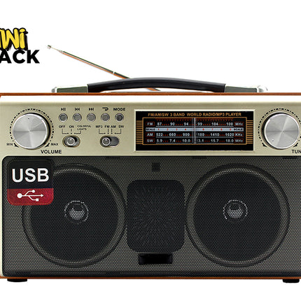 Vintage-style radio with USB port on a white background, featuring the Kiwi Shack logo.
