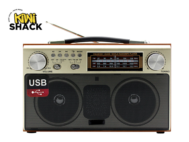 Vintage-style radio with USB port on a white background, featuring the Kiwi Shack logo.