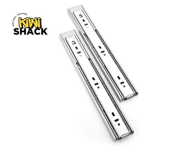 Two metal drawer slides on a white background with 'Kiwi Shack' logo.