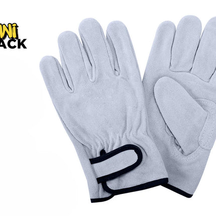 Kiwi Shack heavy-duty grey leather work gloves with adjustable hook-and-loop wrist closures.
