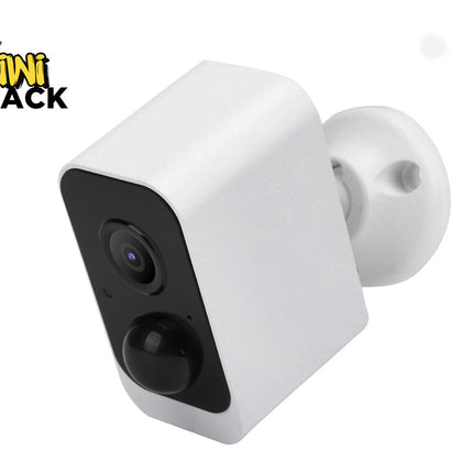 White security camera with black accents on a white background, featuring the Kiwi Shack logo.