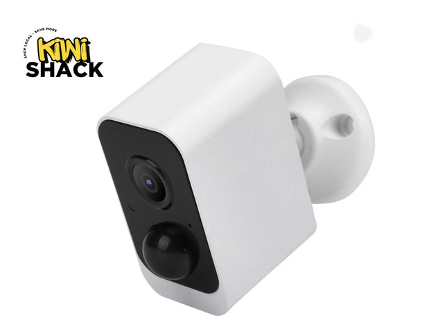 White security camera with black accents on a white background, featuring the Kiwi Shack logo.