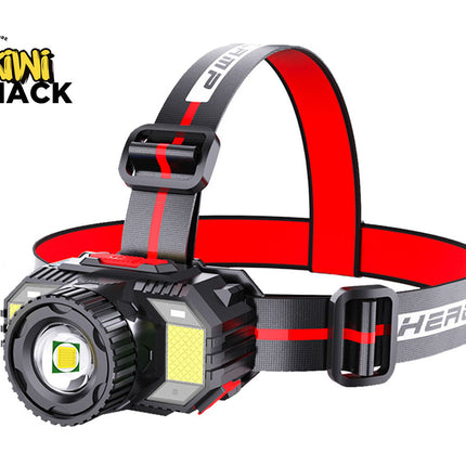 Headlamp with red and gray strap on a white background, featuring the Kiwi Shack brand.