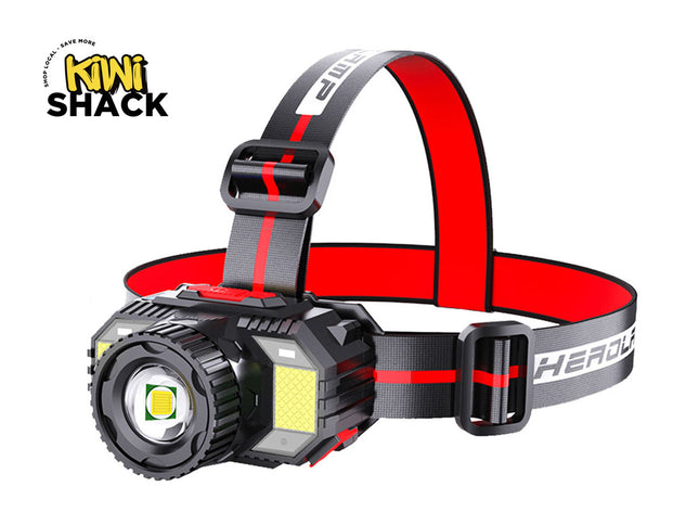 Headlamp with red and gray strap on a white background, featuring the Kiwi Shack brand.
