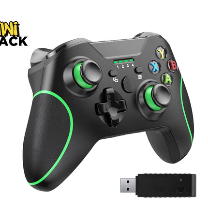 A black wireless gaming controller with bright green accents and a matching USB receiver, shown on a white background with the KINI SHACK logo in the top left corner.